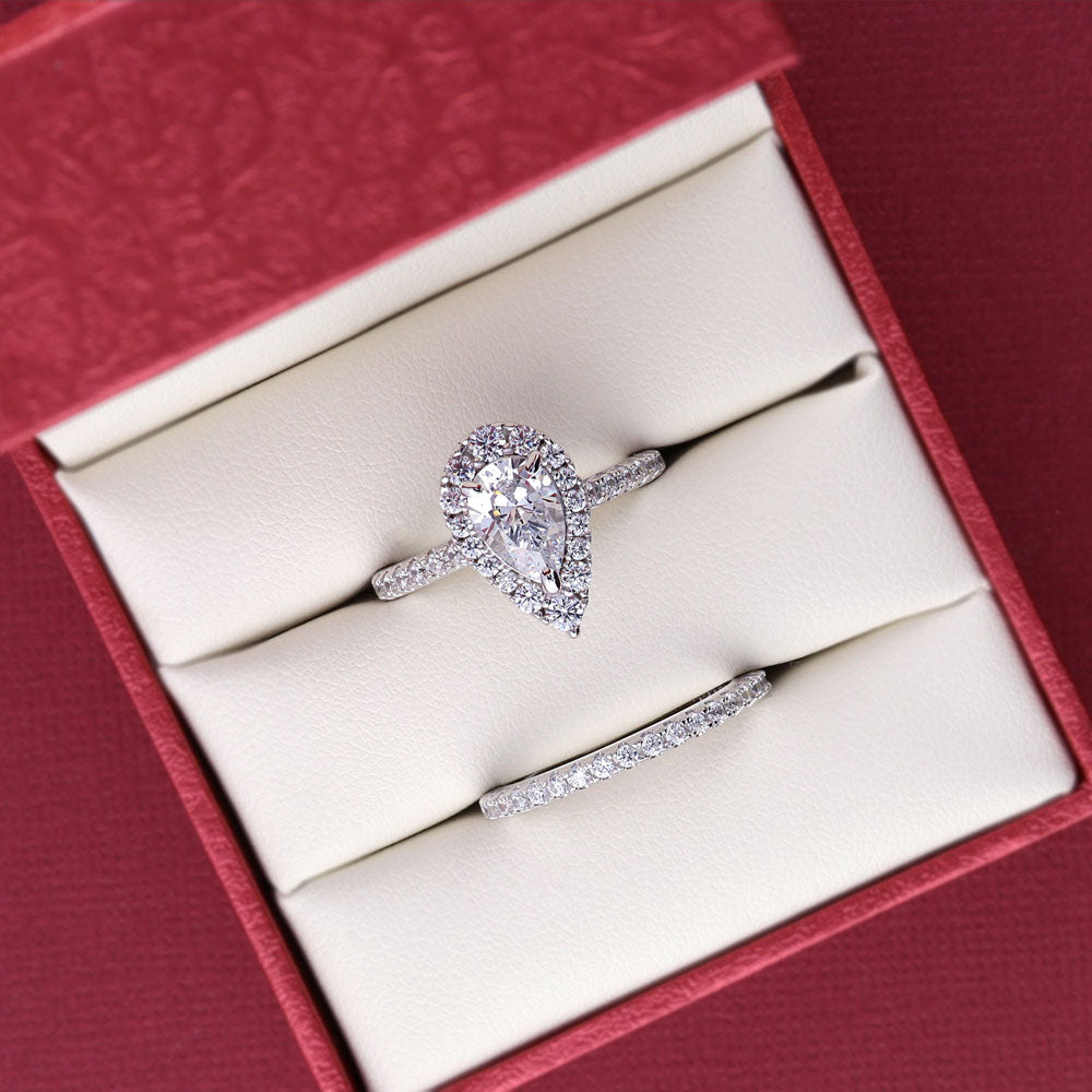 Halo Pear CZ Ring Set in Sterling Silver