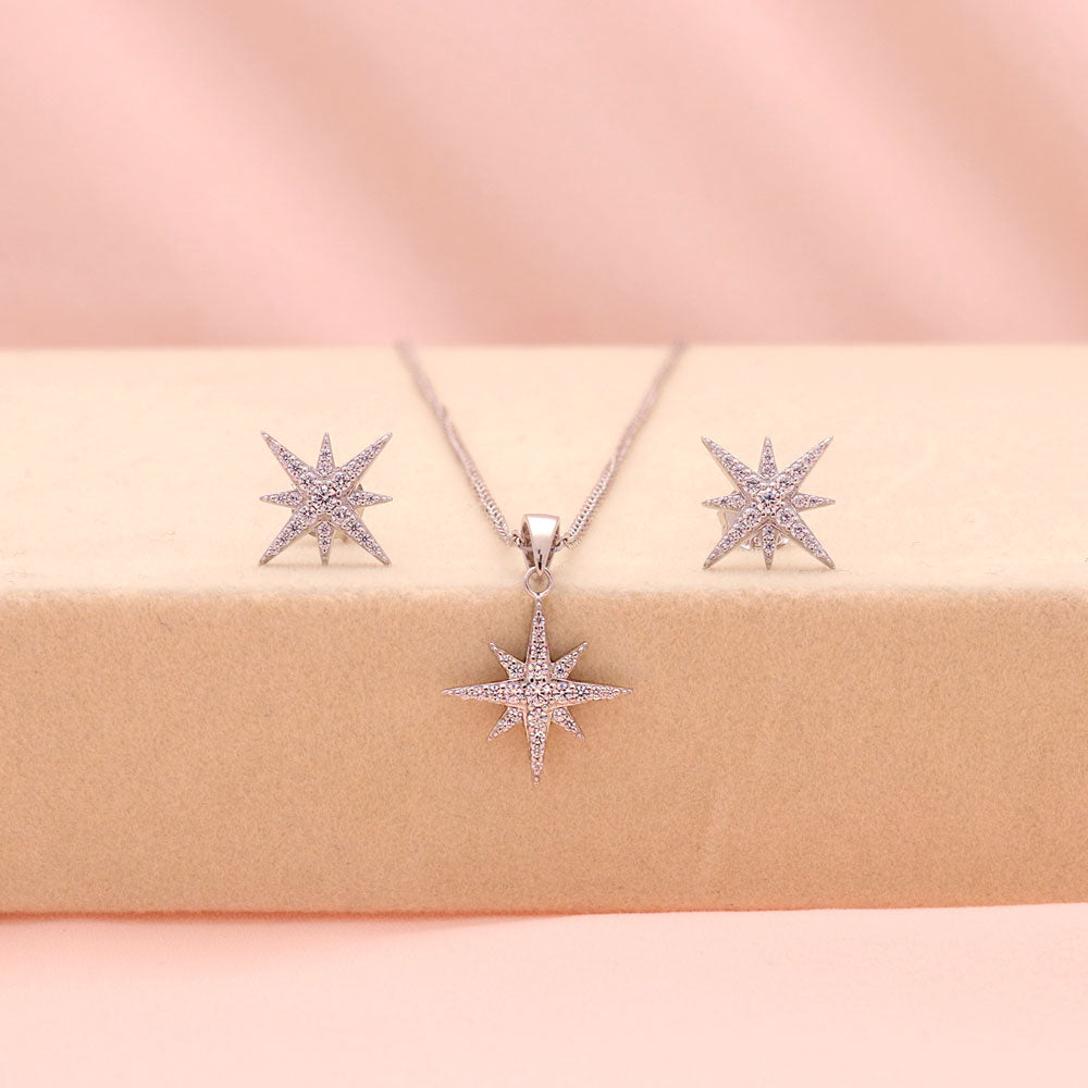 Flatlay view of North Star CZ Necklace and Earrings Set in Sterling Silver, 2 of 10
