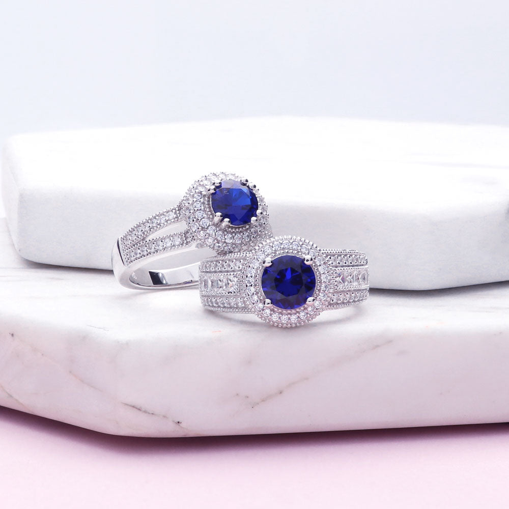 Halo Milgrain Simulated Blue Sapphire Round CZ Ring in Sterling Silver