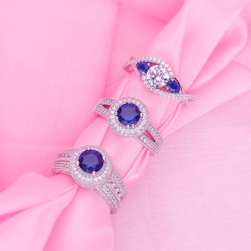 Halo Milgrain Simulated Blue Sapphire Round CZ Ring in Sterling Silver