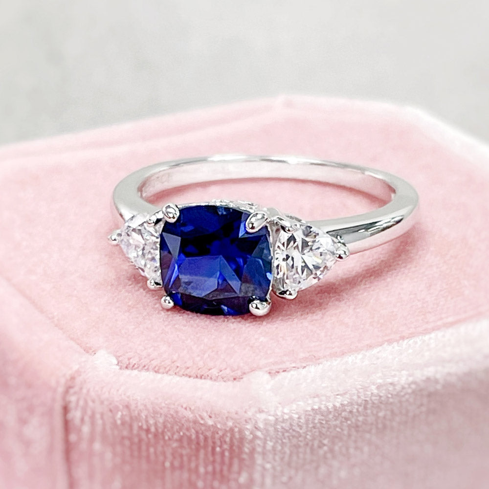 3-Stone Simulated Blue Sapphire Cushion CZ Ring in Sterling Silver