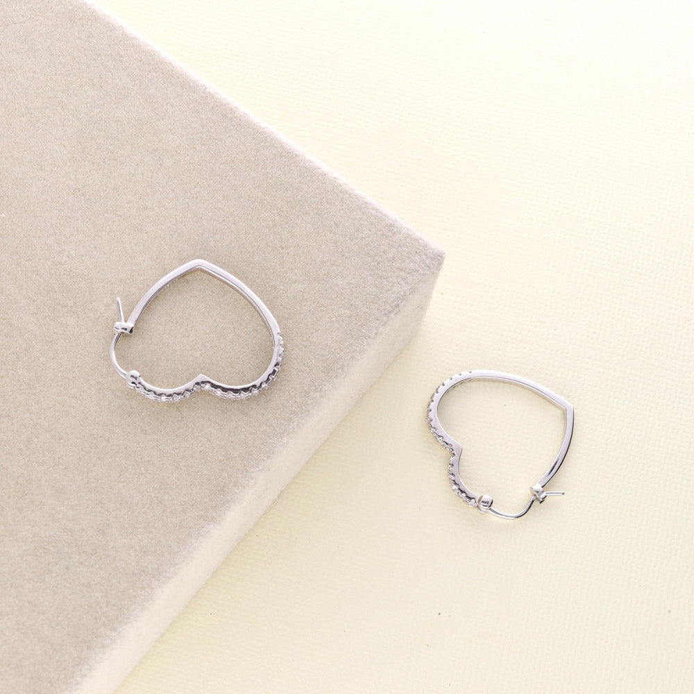 Heart CZ Medium Hoop Earrings in Sterling Silver 1"