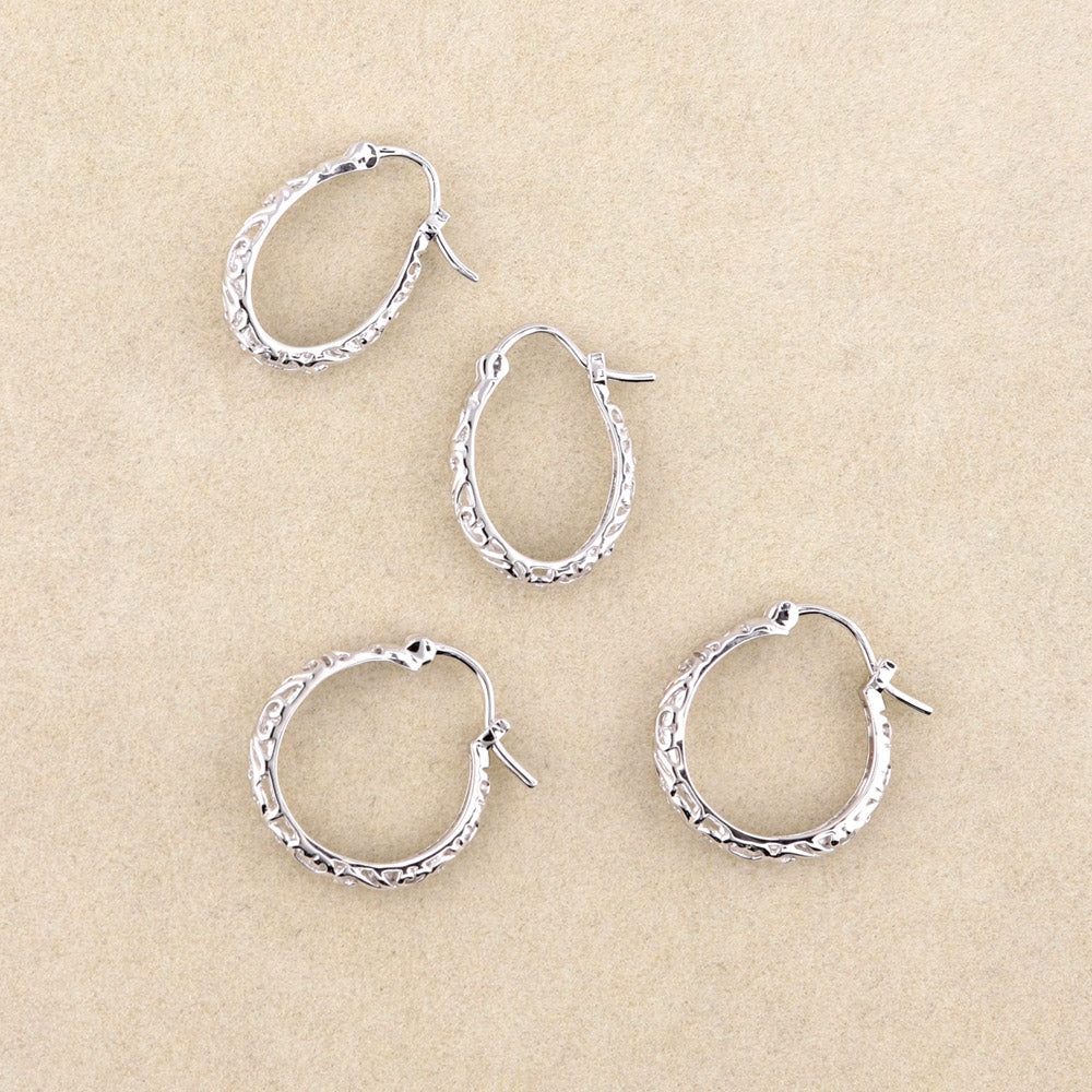 Oval Filigree Medium Hoop Earrings in Sterling Silver 0.77"