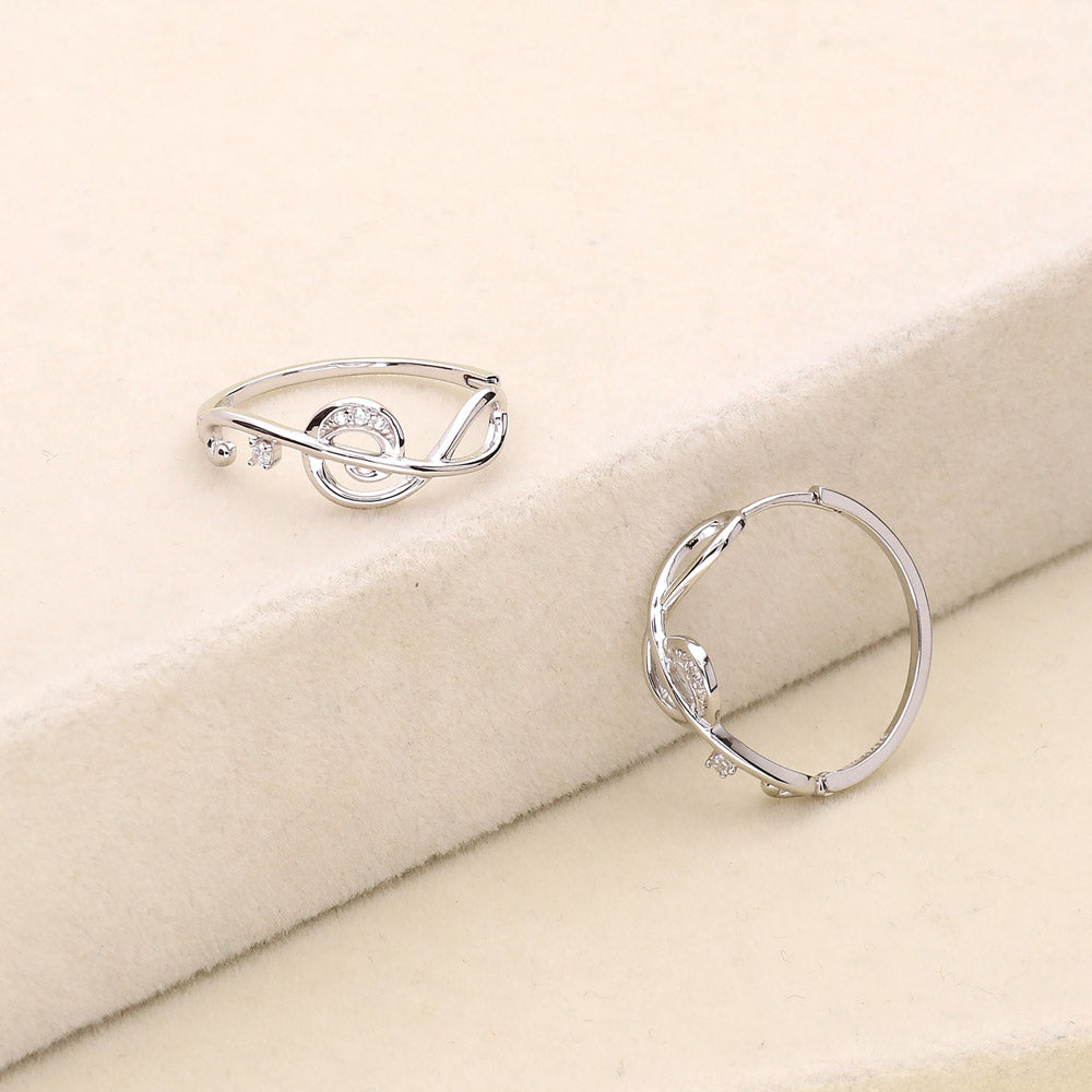 Treble Clef Music Note CZ Hoop Earrings in Sterling Silver 0.9"
