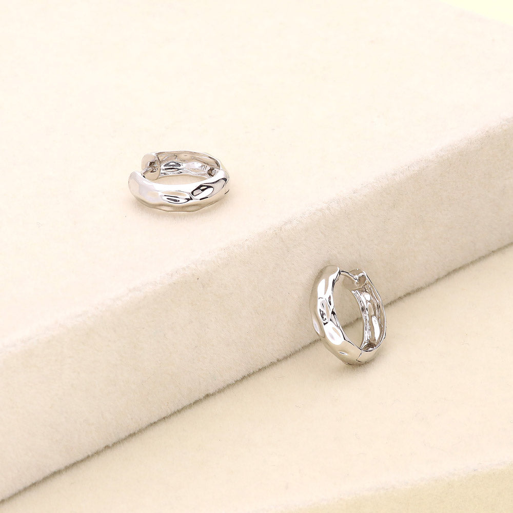 Dome Hammered Medium Hoop Earrings in Sterling Silver 0.67"