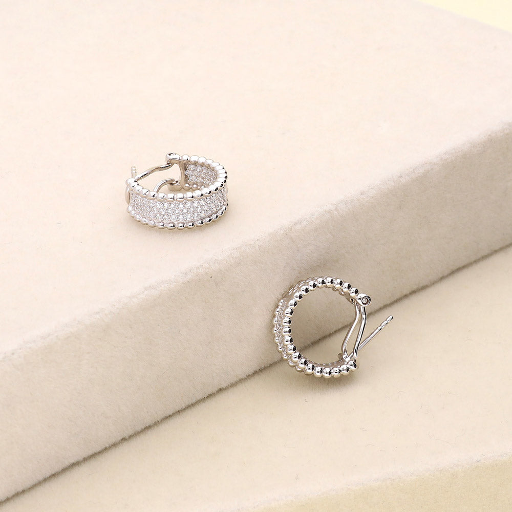 Bead CZ Small Omega Back Hoop Earrings in Sterling Silver 0.7"