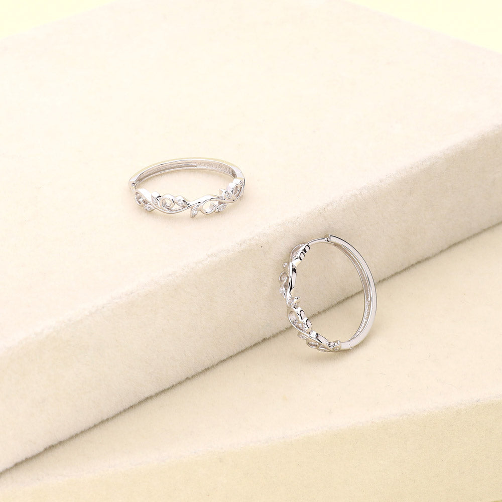 Leaf Filigree CZ Small Hoop Earrings in Sterling Silver 1"