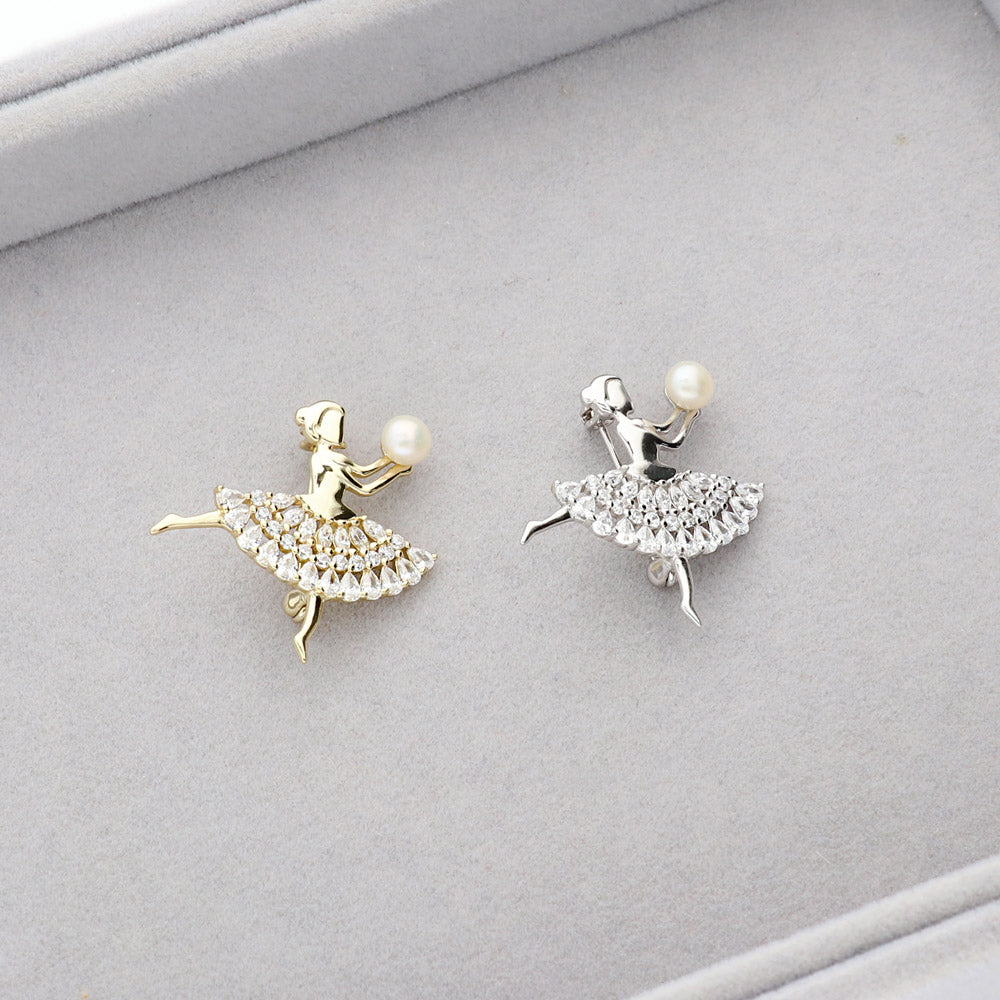 Dancing Girl White Button Cultured Pearl Pin in Sterling Silver