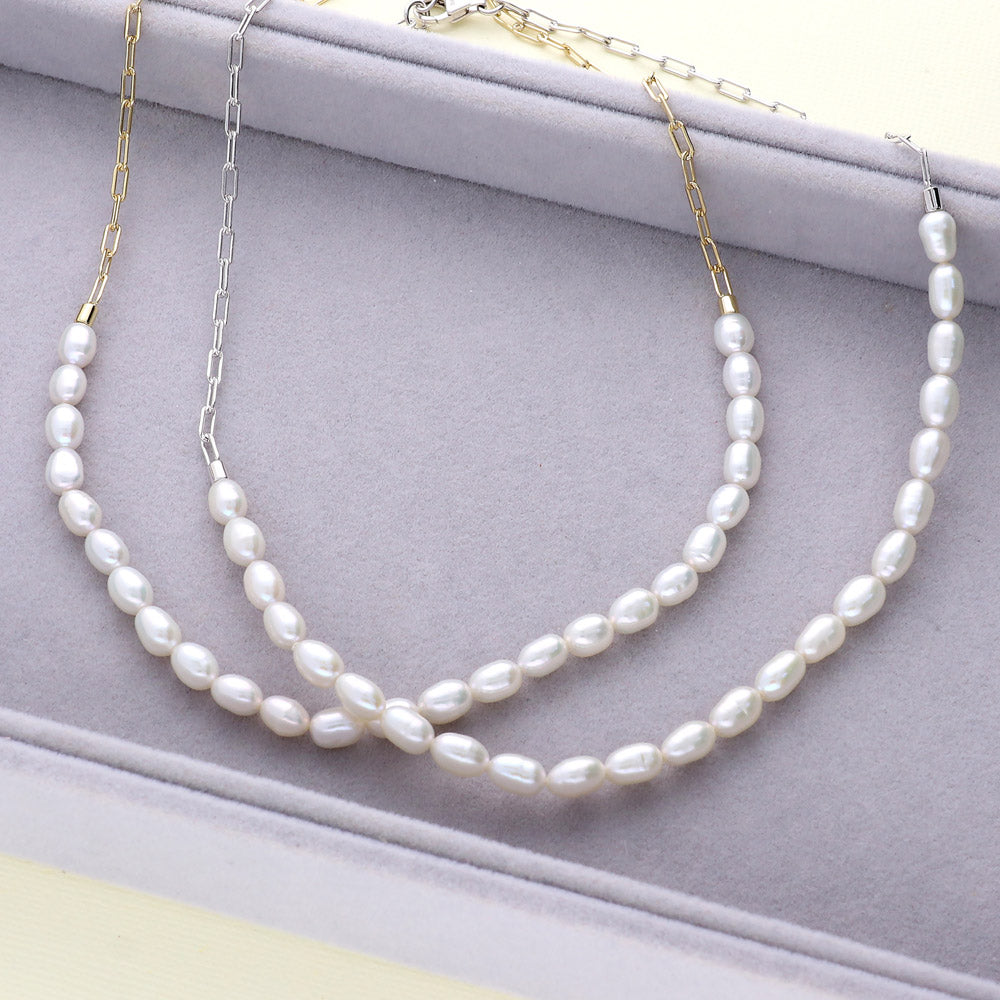 Paperclip White Oval Cultured Pearl Chain Necklace in Sterling Silver