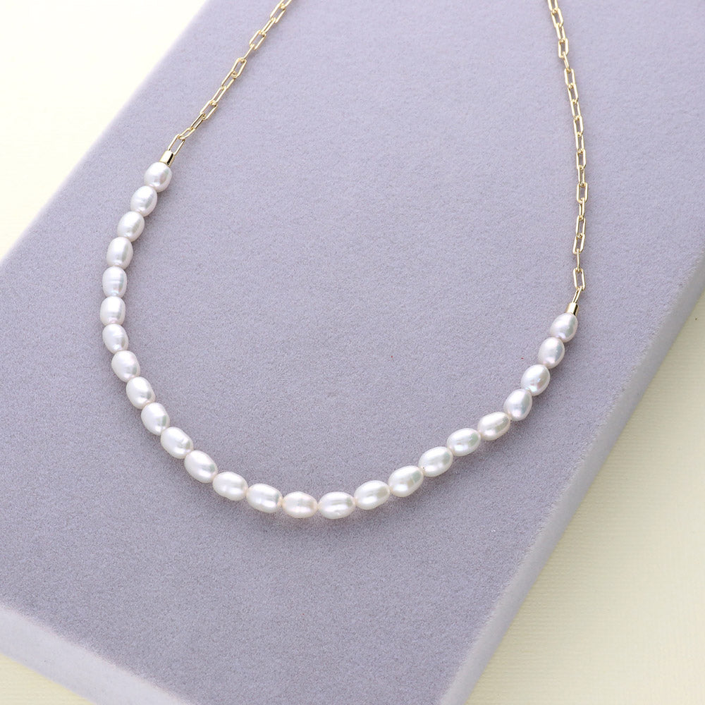 Paperclip White Oval Cultured Pearl Chain Necklace in Sterling Silver