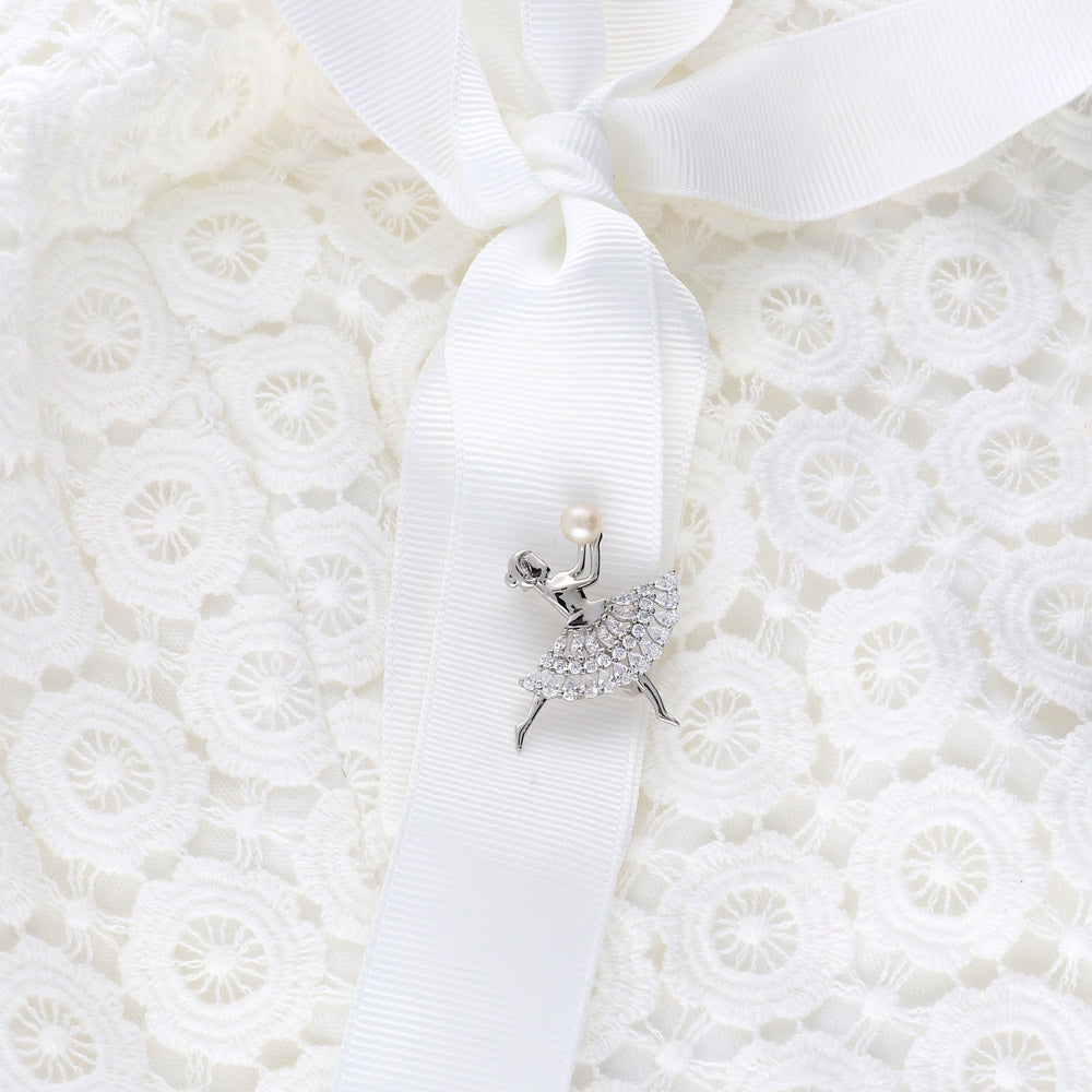 Dancing Girl White Button Cultured Pearl Pin in Sterling Silver