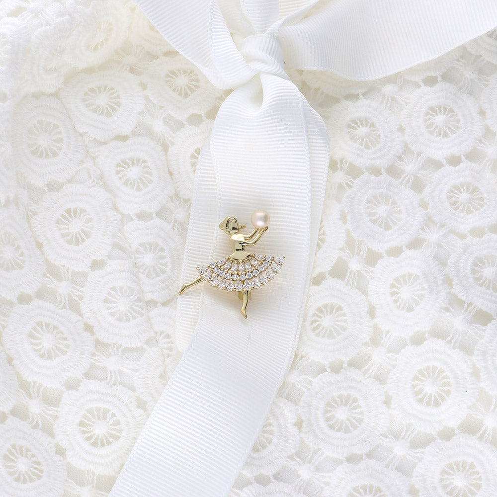 Dancing Girl White Button Cultured Pearl Pin in Sterling Silver