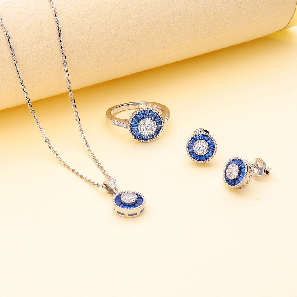 Flatlay view of Halo Art Deco Round CZ Necklace and Earrings Set in Sterling Silver, 3 of 11