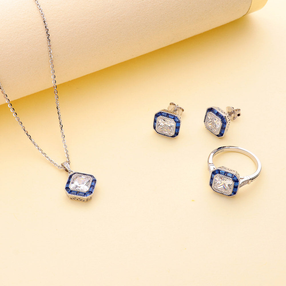 Flatlay view of Halo Art Deco Princess CZ Necklace and Earrings Set in Sterling Silver, 6 of 12