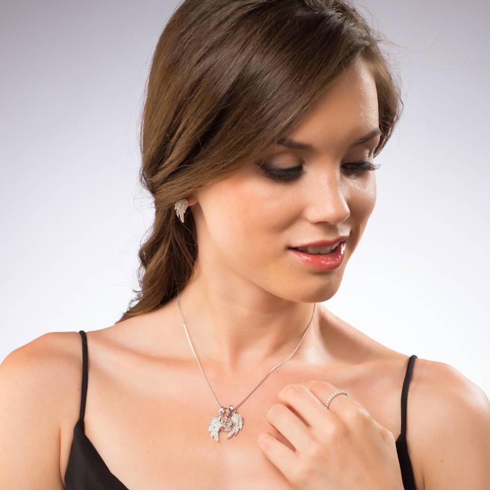 Model wearing Angel Wings CZ Necklace and Earrings Set in Silver-Tone, 3 of 8