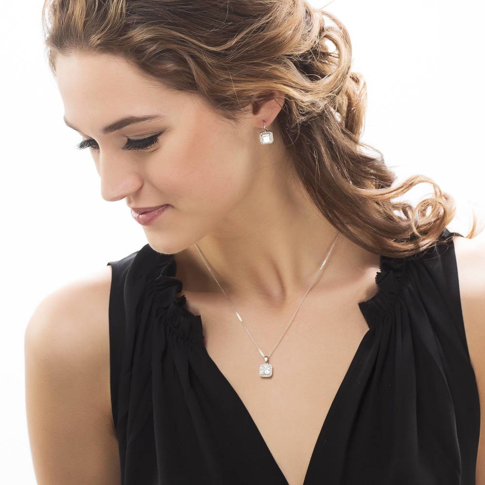 Halo Princess CZ Leverback Earrings in Sterling Silver