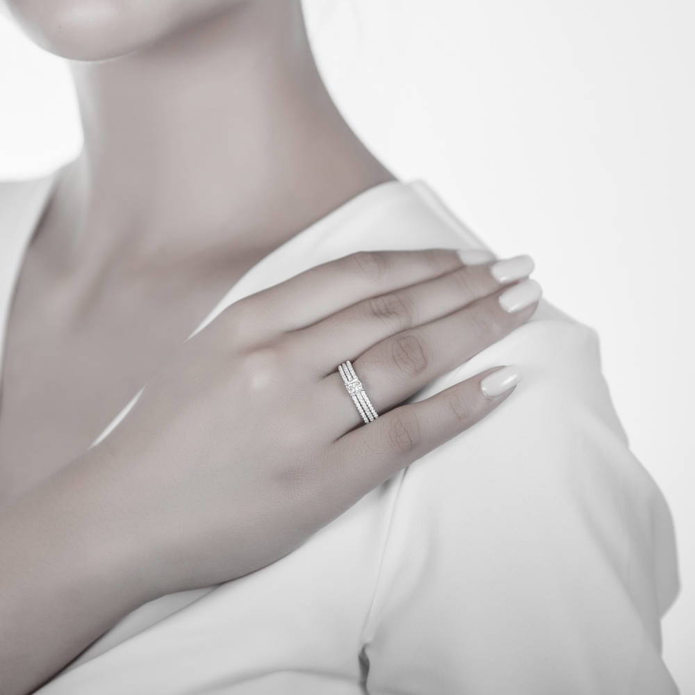 Model wearing Solitaire 0.6ct Cushion CZ Ring Set in Sterling Silver, 2 of 7