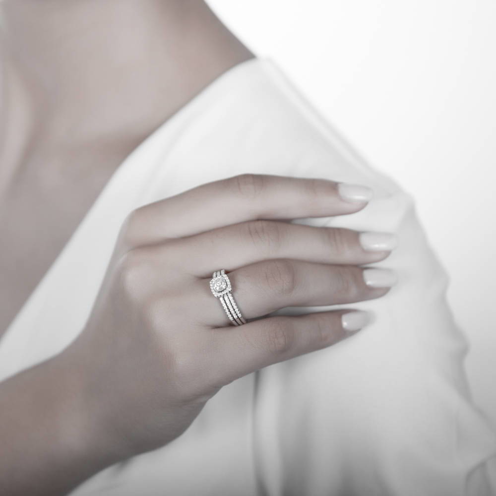 Model wearing Halo Cushion CZ Ring Set in Sterling Silver, 5 of 8