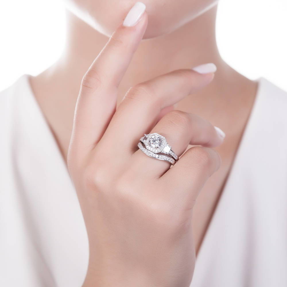 Halo Art Deco CZ Ring Set in Sterling Silver
