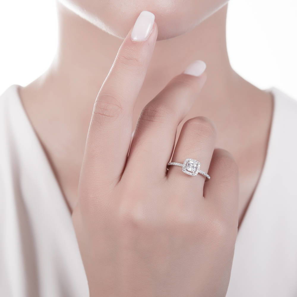 Model wearing Halo Cushion CZ Ring Set in Sterling Silver, 7 of 8