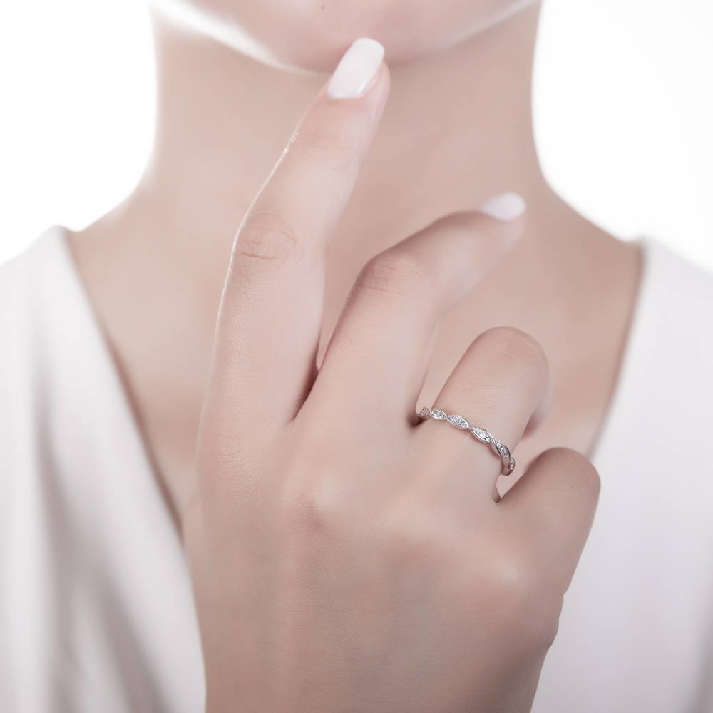 Model wearing Solitaire 1ct Round CZ Ring Set in Sterling Silver, 9 of 9