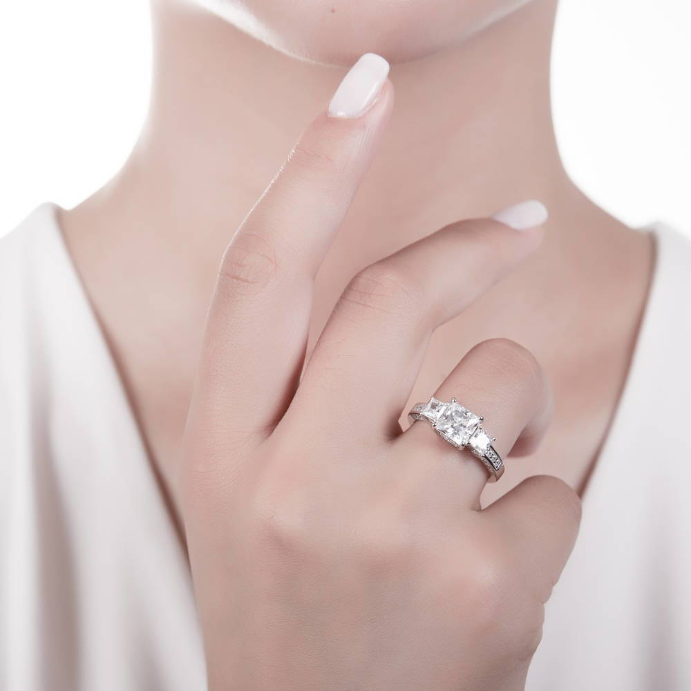 3-Stone 2ct Princess CZ Ring Set in Sterling Silver