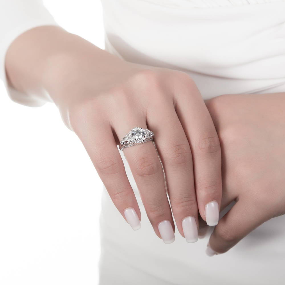 Halo Art Deco CZ Ring in Sterling Silver