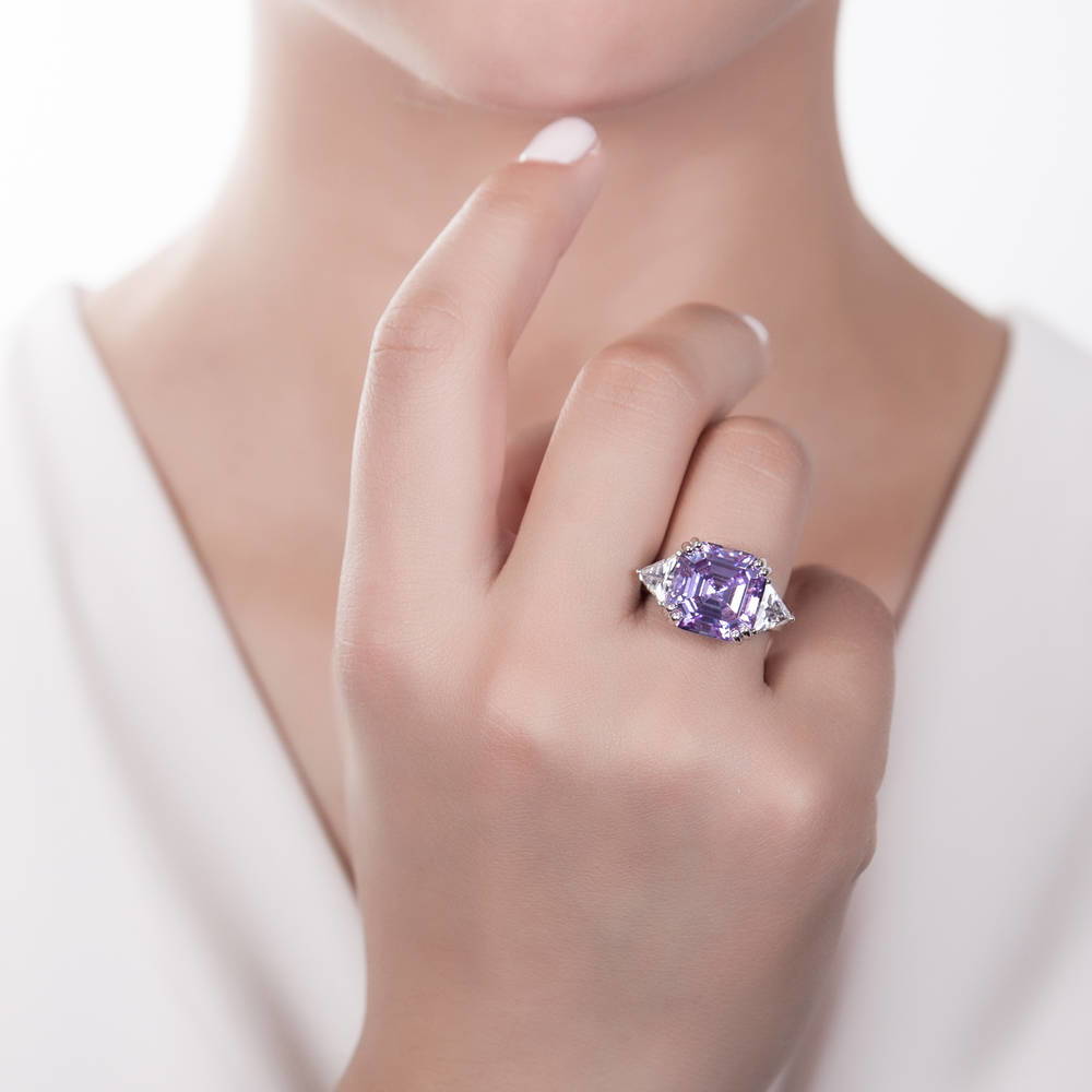 3-Stone 12.6ct Purple Asscher CZ Ring in Sterling Silver
