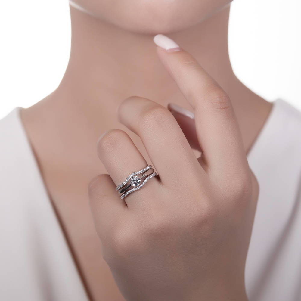 Model wearing Solitaire 0.45ct Round CZ Ring Set in Sterling Silver, 2 of 9