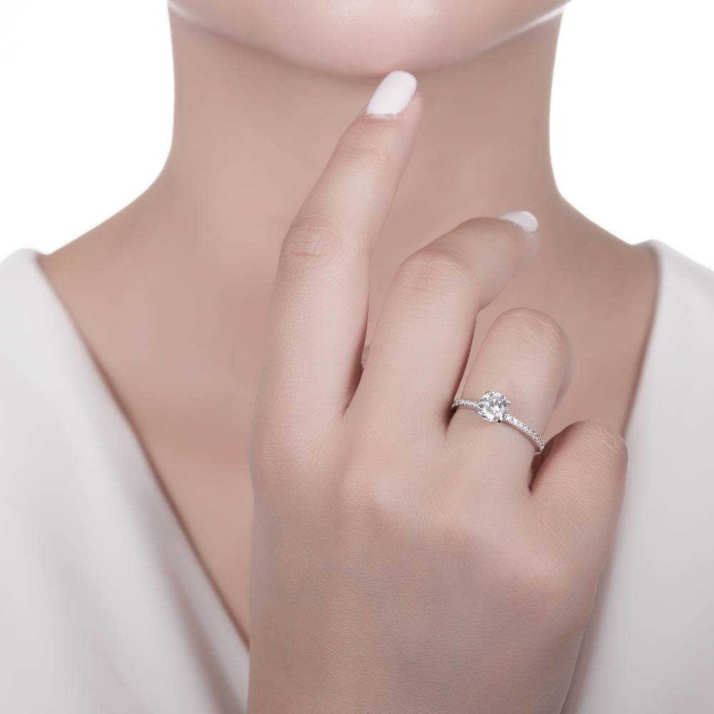 Model wearing Solitaire 1ct Round CZ Ring in Sterling Silver, 5 of 7