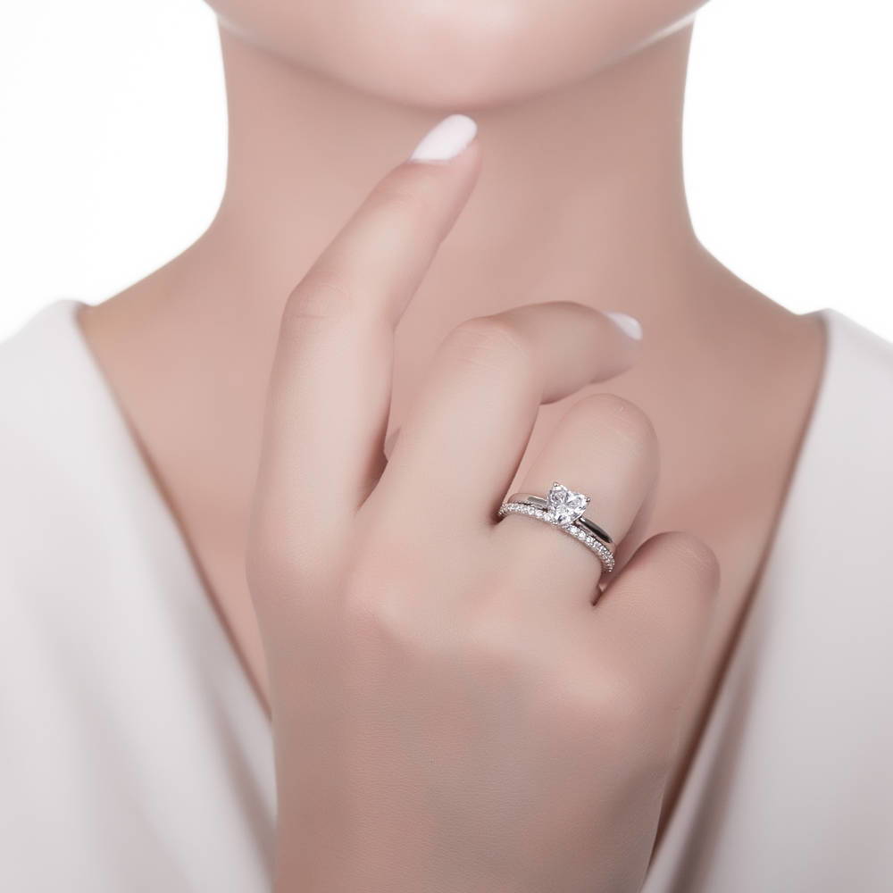 Model wearing Heart Solitaire CZ Ring Set in Sterling Silver, 2 of 10