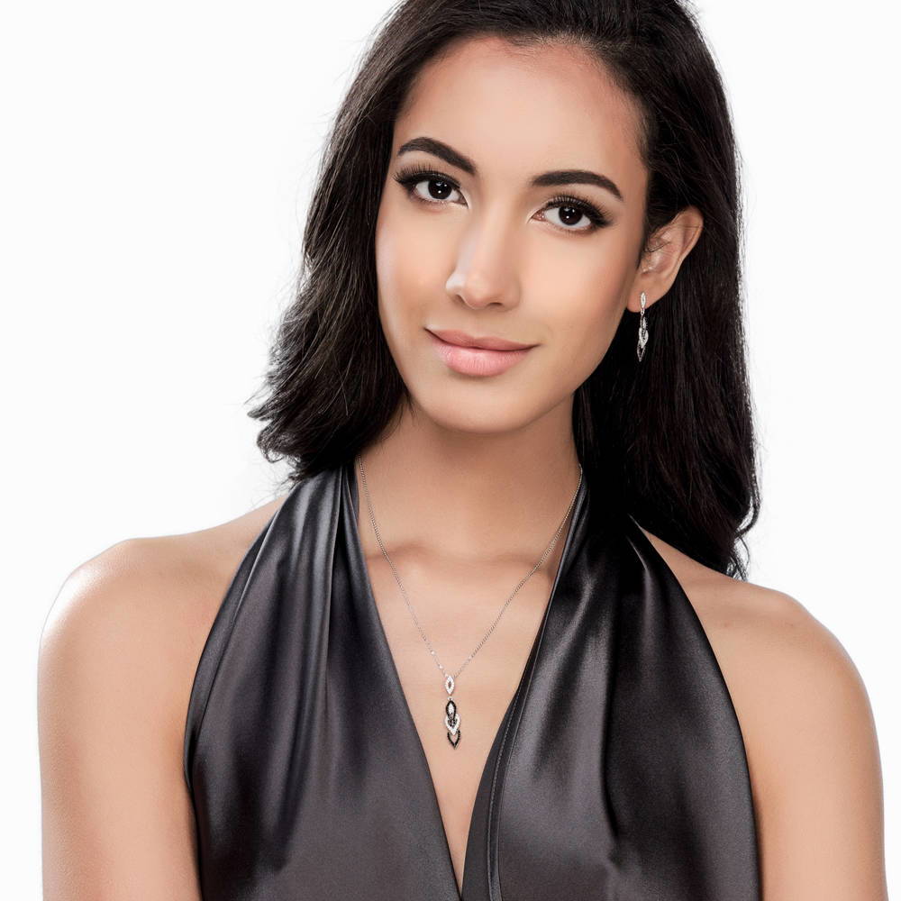 Model wearing Black and White CZ Necklace and Earrings Set in Sterling Silver, 2 of 12