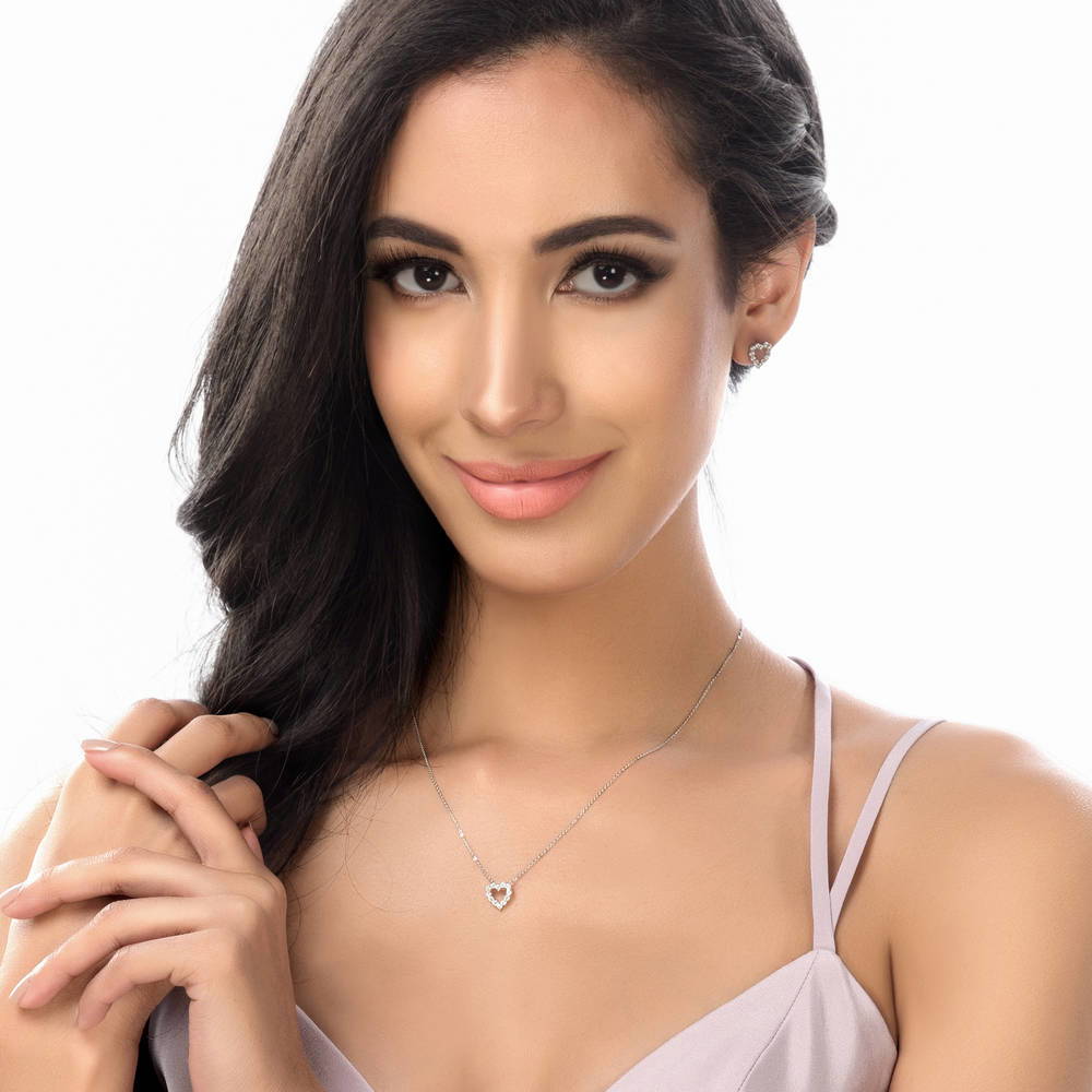 Open Heart CZ Necklace and Earrings in Sterling Silver