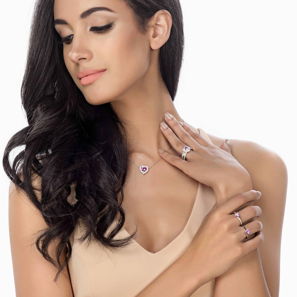 Halo Pink Heart CZ Pendant Necklace in Sterling Silver