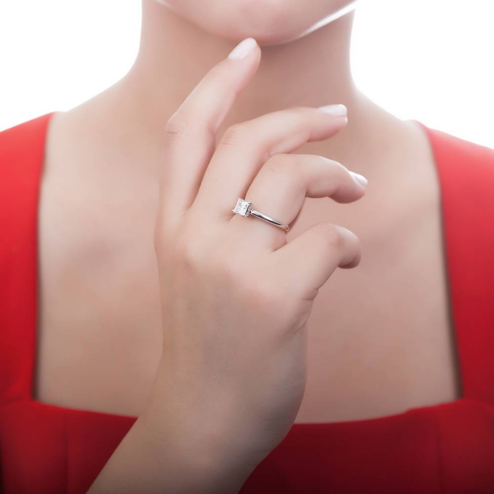 Model wearing Solitaire 1ct Princess CZ Ring Set in Sterling Silver, 5 of 10