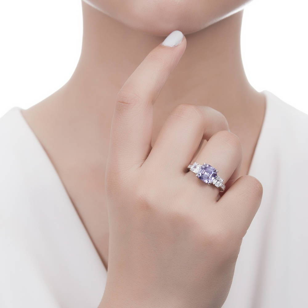 3-Stone Purple Asscher CZ Statement Ring in Sterling Silver