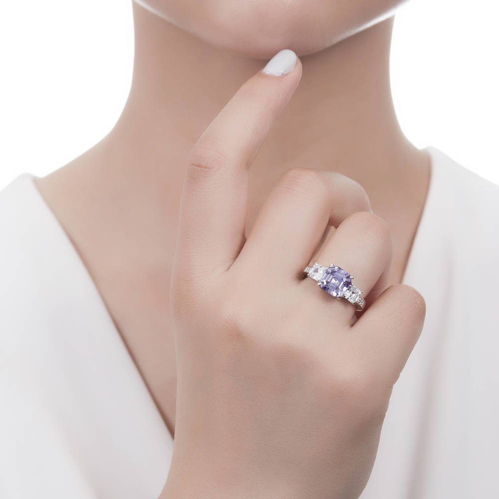 3-Stone 4.1ct Purple Asscher CZ Ring in Sterling Silver