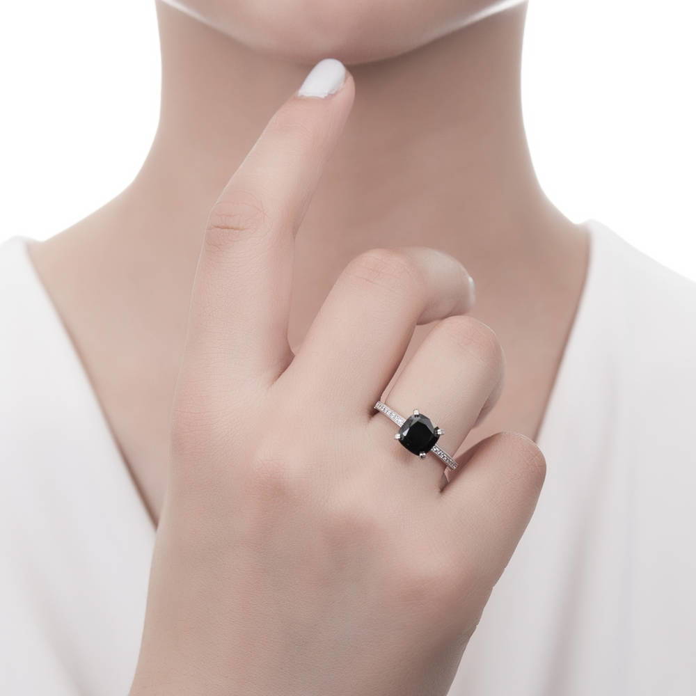 Model wearing Solitaire 3ct Black Cushion CZ Stackable Ring Set in Sterling Silver, 6 of 9