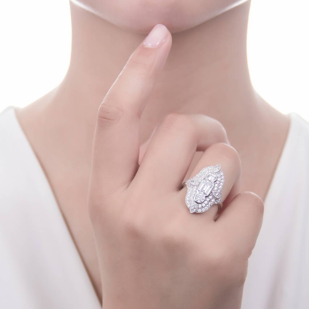 Art Deco Milgrain CZ Statement Ring in Sterling Silver