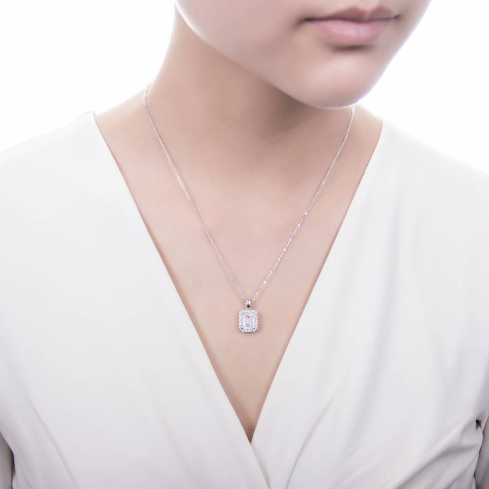 Model wearing Halo Emerald Cut CZ Necklace and Earrings Set in Sterling Silver, 9 of 10