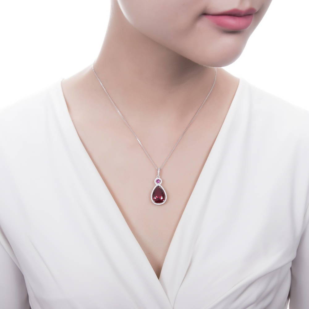 Halo Simulated Ruby Pear CZ Set in Sterling Silver