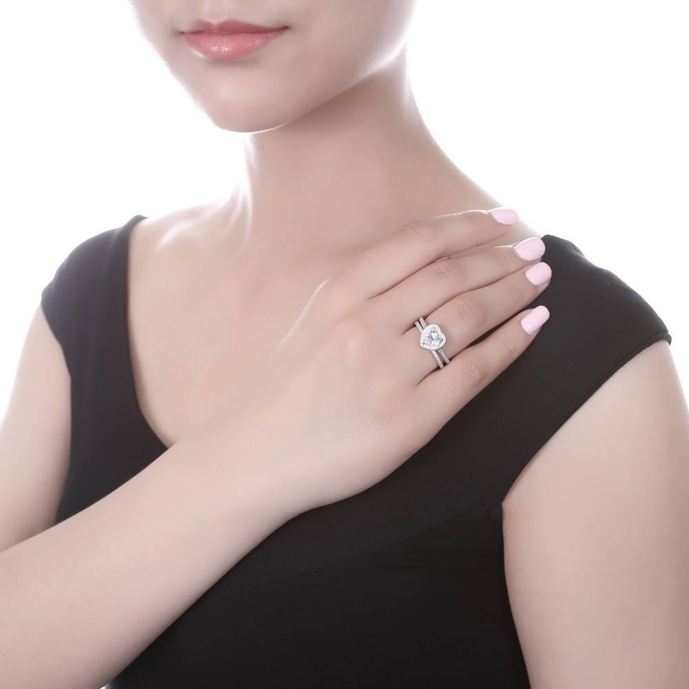 Halo Heart Heart CZ Ring Set in Sterling Silver