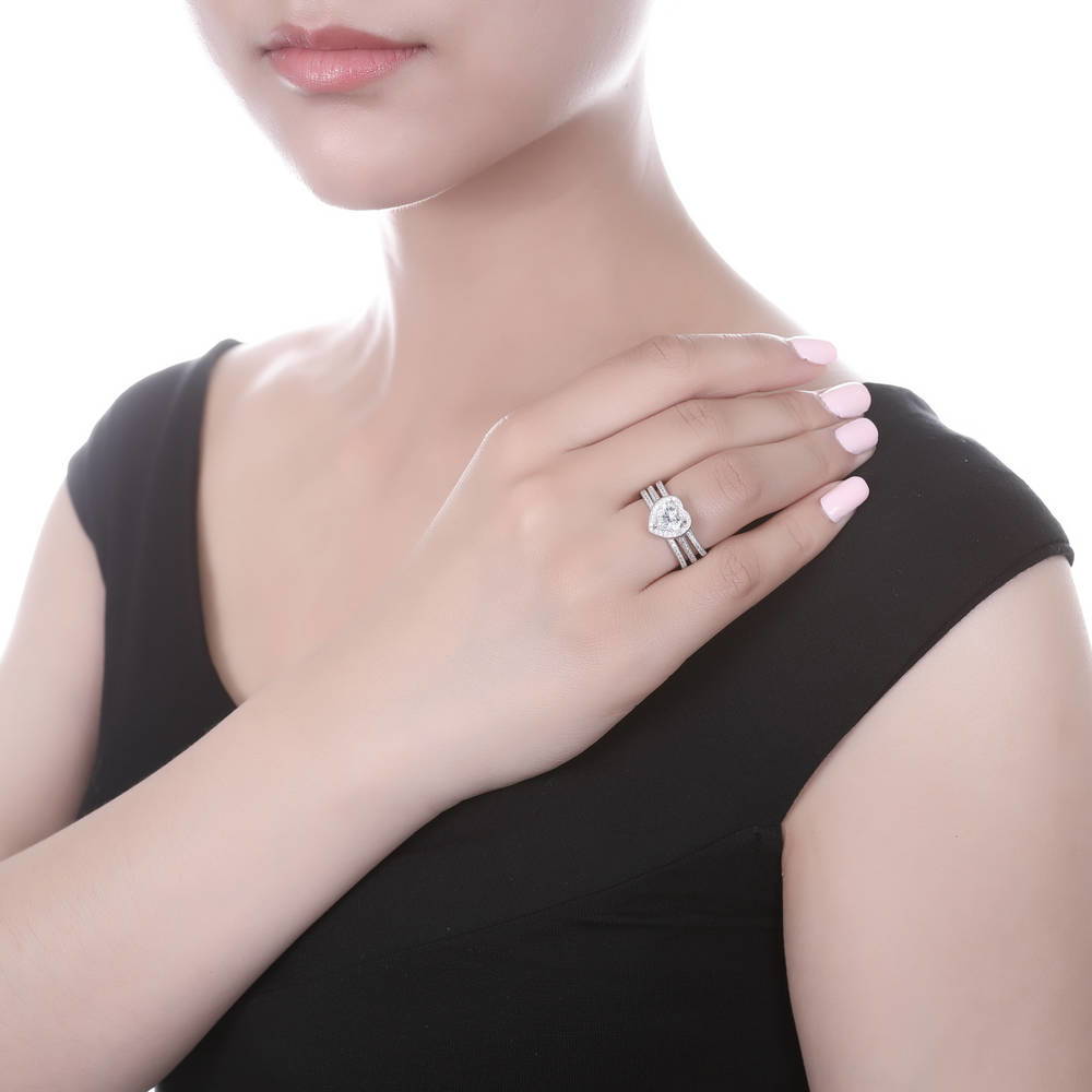 Halo Heart CZ Ring Set in Sterling Silver
