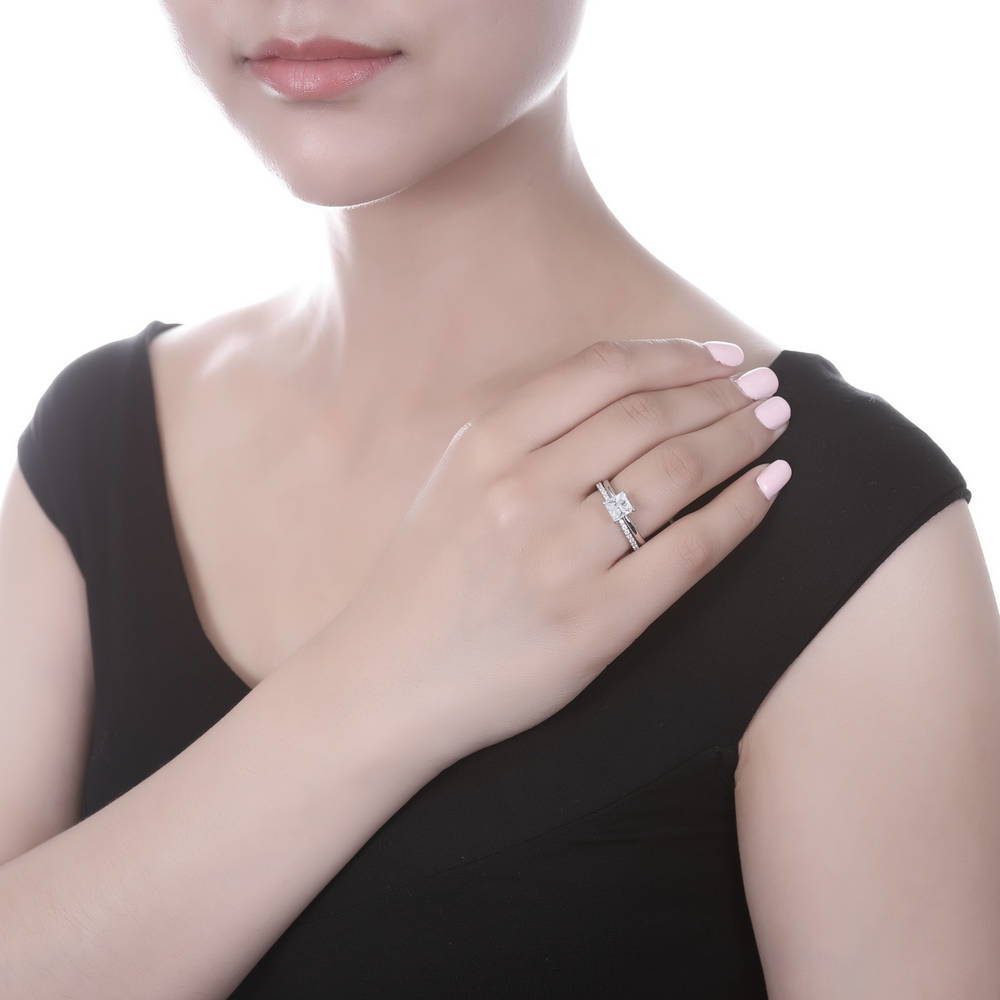Model wearing Solitaire 1.6ct Princess CZ Ring Set in Sterling Silver, 2 of 13