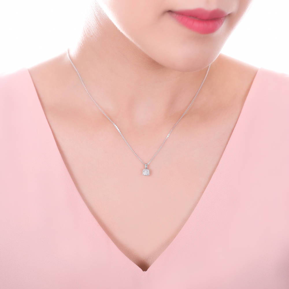 Solitaire 0.6ct Bezel Cushion CZ Necklace in Sterling Silver