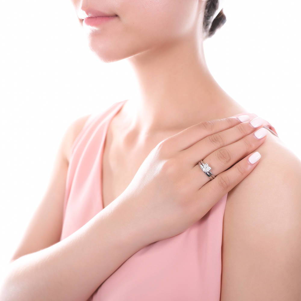 Model wearing Heart Solitaire CZ Ring Set in Sterling Silver, 2 of 7