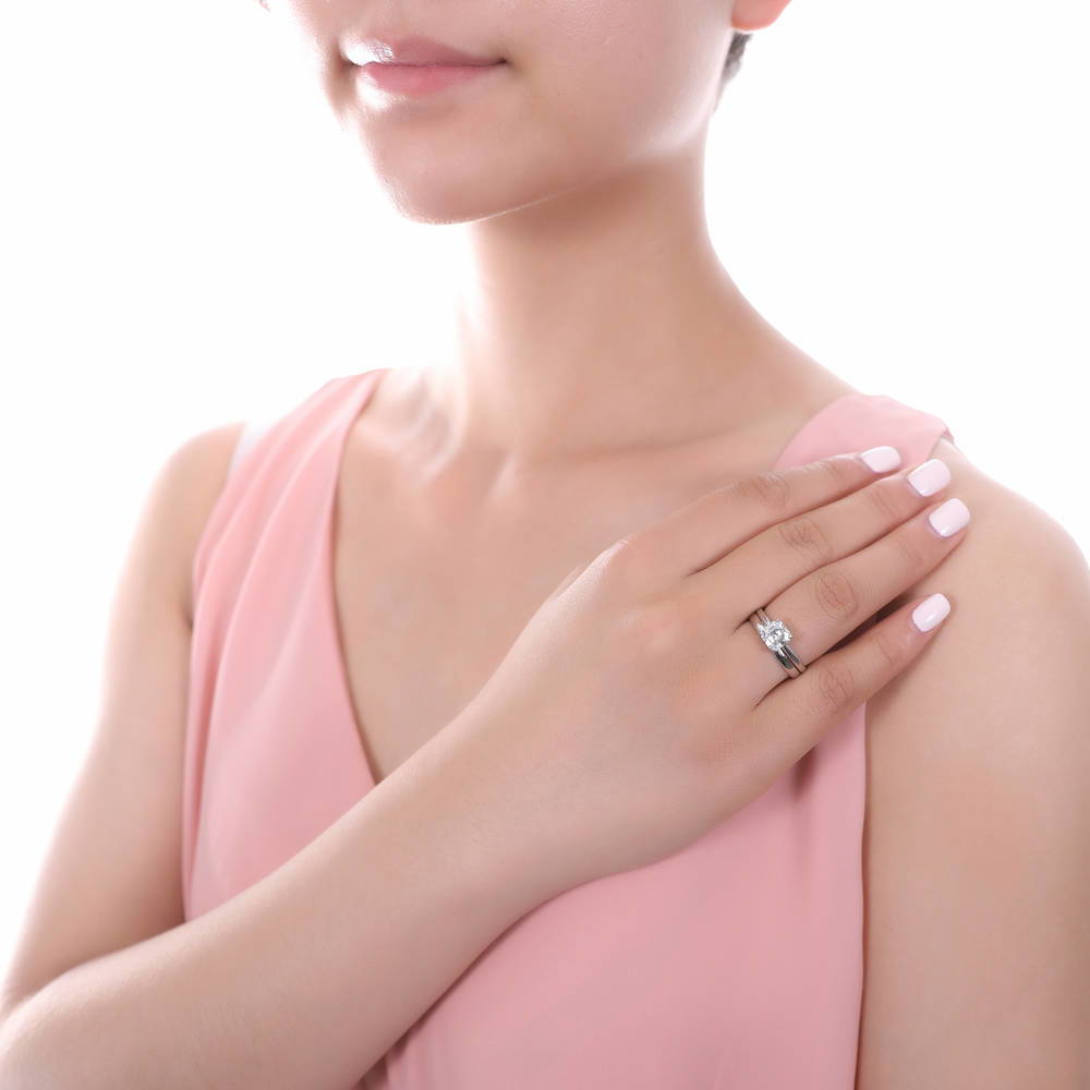 Model wearing Solitaire 2ct Asscher CZ Ring Set in Sterling Silver, 3 of 8