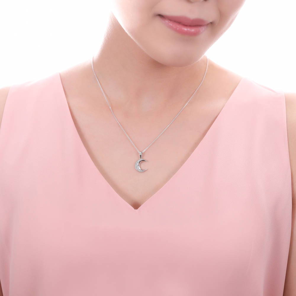 Crescent Moon CZ Necklace in Sterling Silver