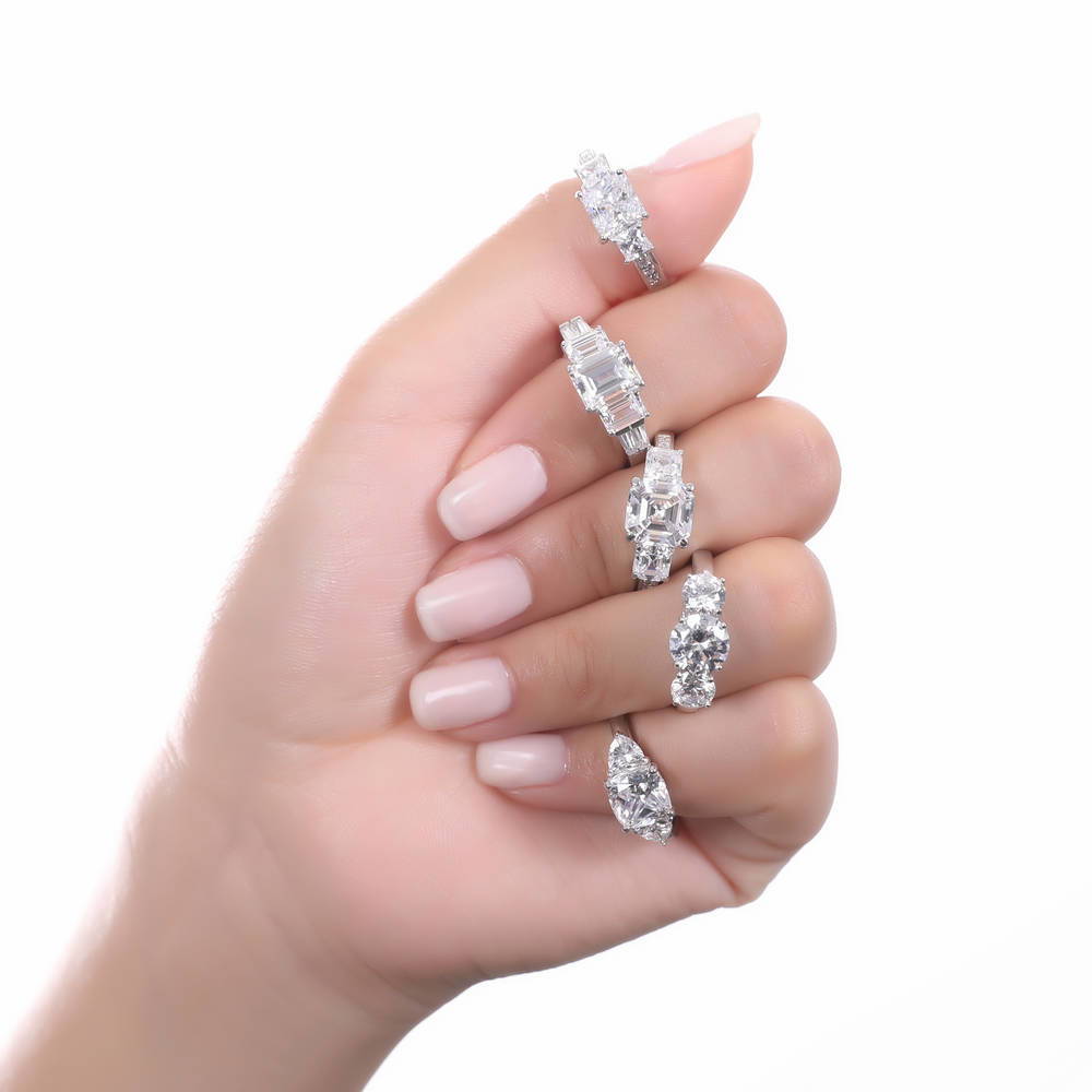 Model wearing 3-Stone Cushion CZ Ring in Sterling Silver, 9 of 9