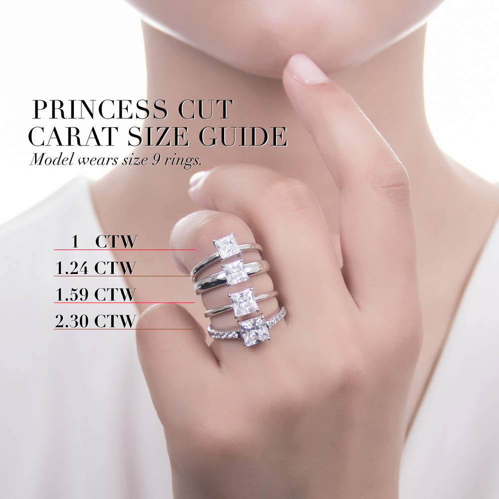 Model wearing Solitaire 1.2ct Princess CZ Ring in Sterling Silver, 9 of 9
